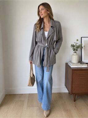 GAP Waterfall Trench Jacket Belted Draped Taupe Gray Lightweight Small
